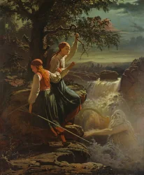 Twee boerendochters luisteren naar het spelen van de watersprite, 1860